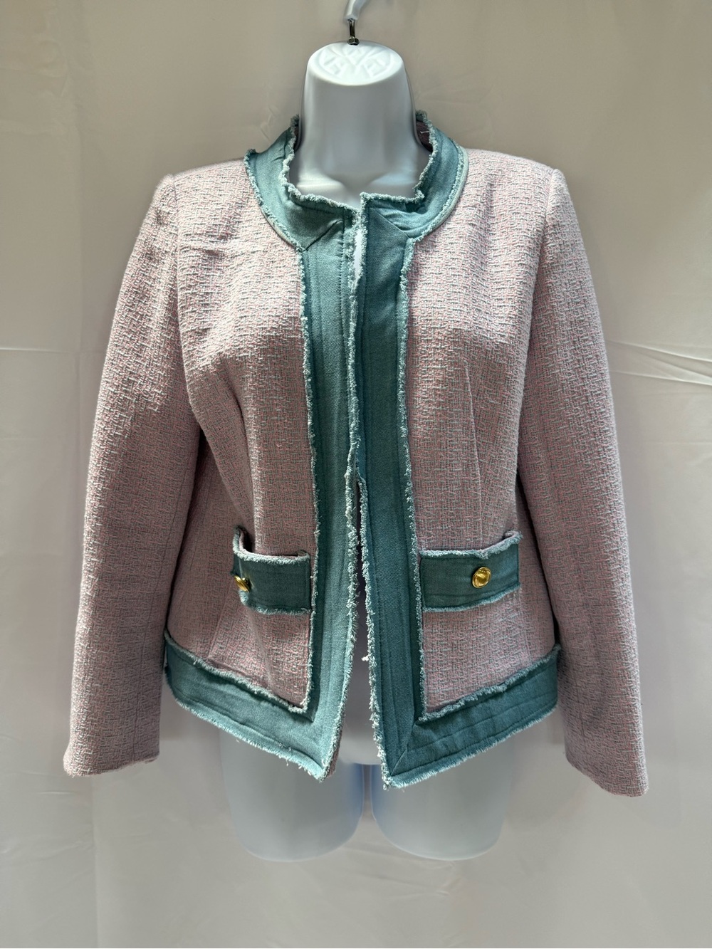 Saks Fifth Avenue Pink Tweed Blazer with Mint Trim